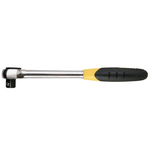 Stanley ratchet wrench with a black and yellow ergonomic handle and a metal shaft.