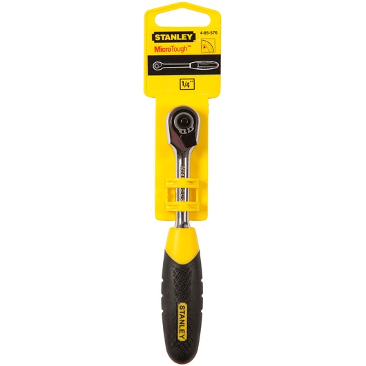 STANLEY 4-85-576 MicroTough ratchet wrench with black and yellow handle, front view on white background.