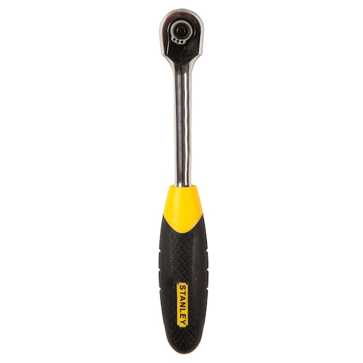 STANLEY 4-85-577 ratchet wrench with black and yellow ergonomic handle, top-down view on white background.