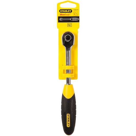 STANLEY 4-85-577 ratchet wrench with black and yellow handle in retail packaging, front view on white background.