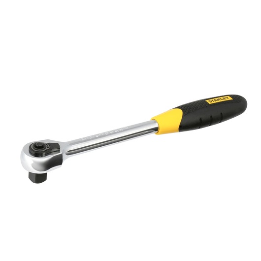 Stanley ratchet wrench with yellow and black handle, used for tightening or loosening bolts and nuts.