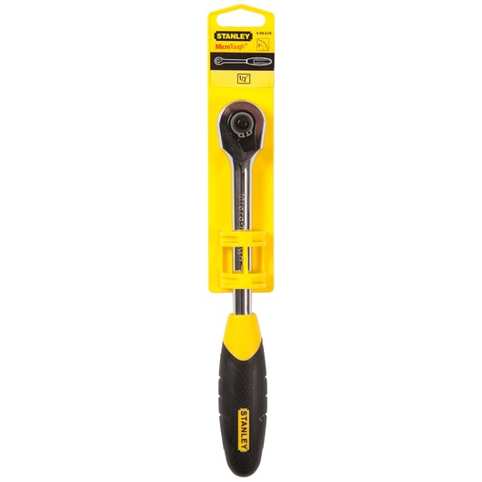 STANLEY 4-85-578 MicroTough ratchet handle in yellow and black retail packaging, front view.