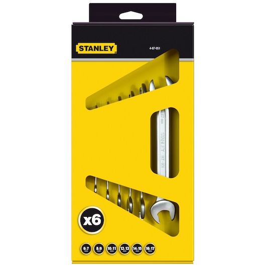 STANLEY 4-87-051 photography of 6-piece spanner set in yellow retail packaging, front angle.