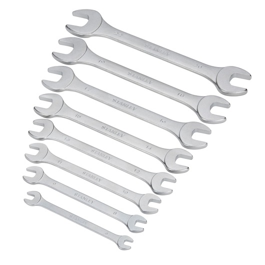 Set of eight silver STANLEY open-end wrenches in different sizes, arranged in a diagonal row.