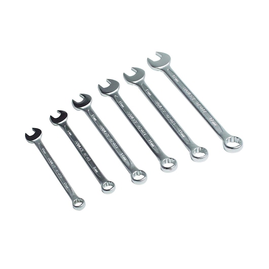 STANLEY 4-87-053 combination wrench set, six silver wrenches aligned, top view on white background.