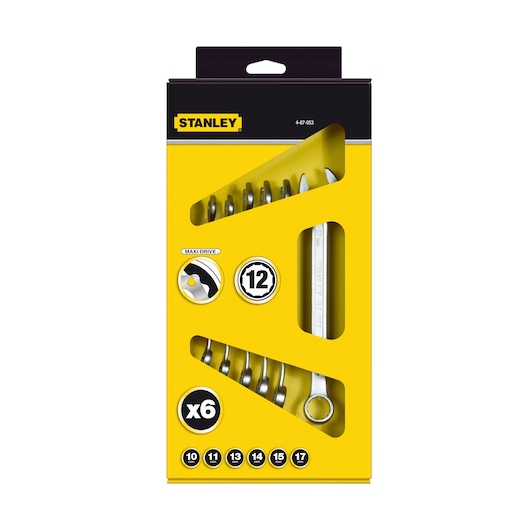 Photo of STANLEY 4-87-053 combination spanner set, 6 pieces, in yellow retail box with window showing tools.