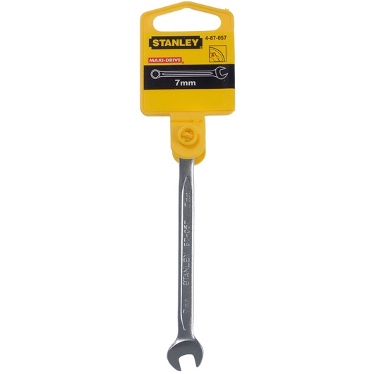 STANLEY 4-87-057 7mm open-end wrench, silver finish, front view with yellow packaging.
