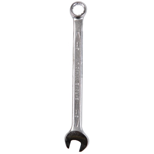Photo of STANLEY 4-87-069 combination wrench, silver finish, open and box end, flat lay on white background.