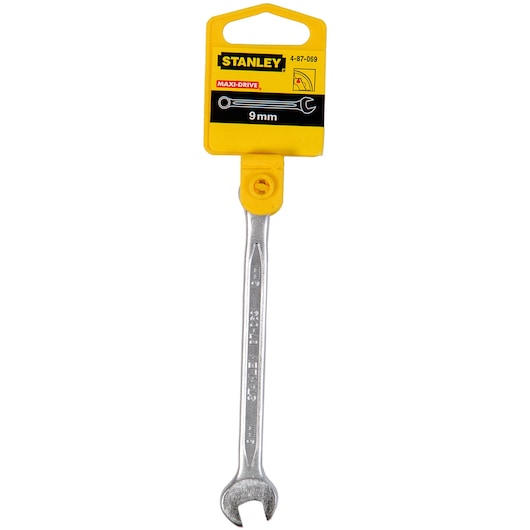 STANLEY 4-87-069 9mm open end wrench, silver metal, front angle, with yellow branded packaging.