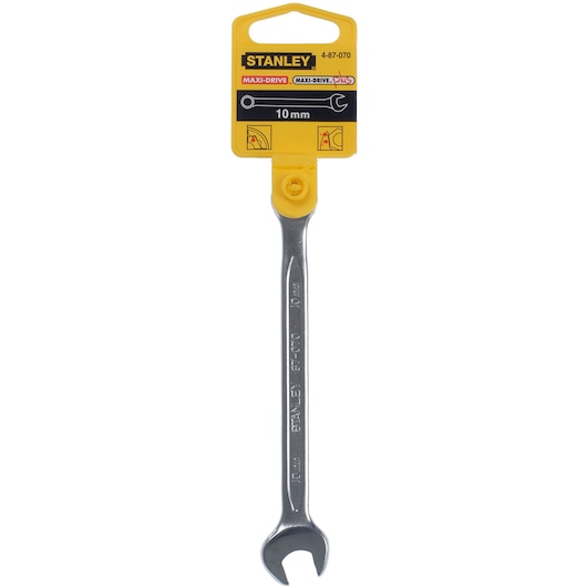 STANLEY 4-87-070 open-ended spanner 10mm, photographed front-on with yellow branded packaging.