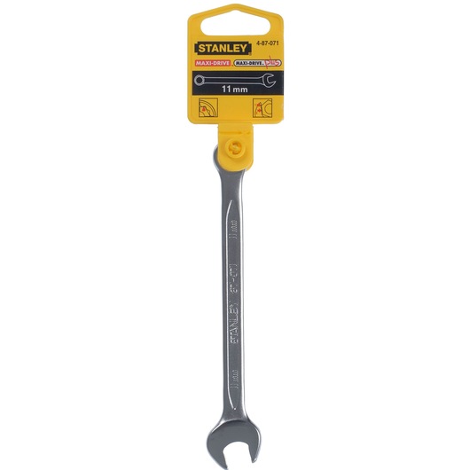 Stanley 4-87-071 11mm open-end wrench, silver, front angle, with yellow packaging.