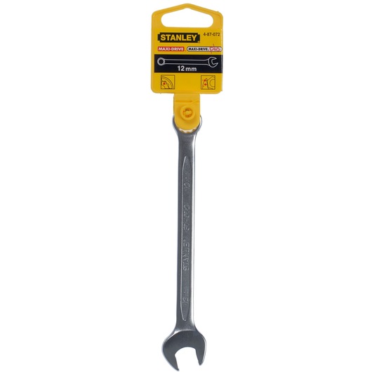STANLEY 4-87-072 open-end wrench, 12mm size, front angle, silver with yellow packaging, hand tool.
