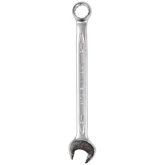 STANLEY 4-87-073 combination wrench, 15mm, silver finish, shown from top on white background.