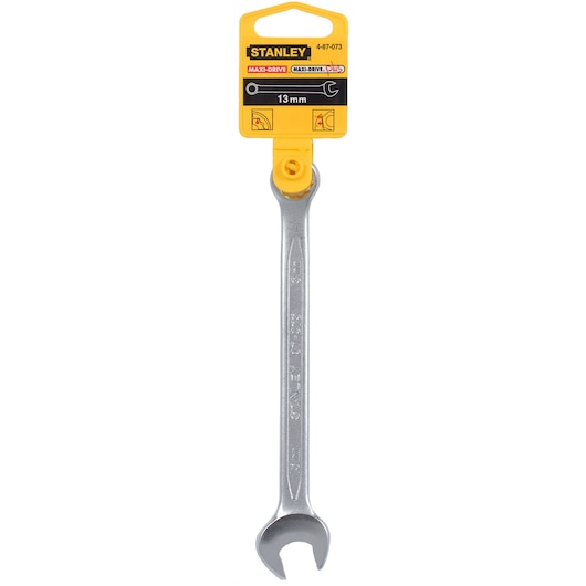 STANLEY 4-87-073 13mm open-end spanner, silver, front angle, with yellow product tag.