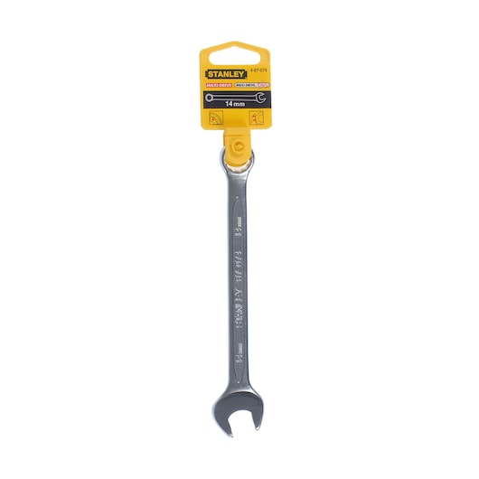 STANLEY 4-87-074 open-end wrench 14mm, silver hand tool, front angle, yellow packaging, photography product.