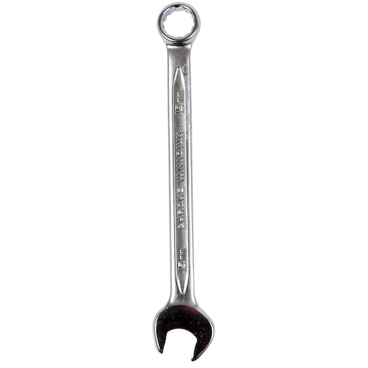 STANLEY 4-87-075 combination wrench, 15mm, silver finish, top view, hand tool photography.
