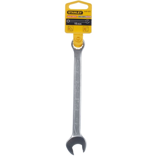 Stanley 4-87-075 combination wrench 15mm, silver, photo of tool on white background.