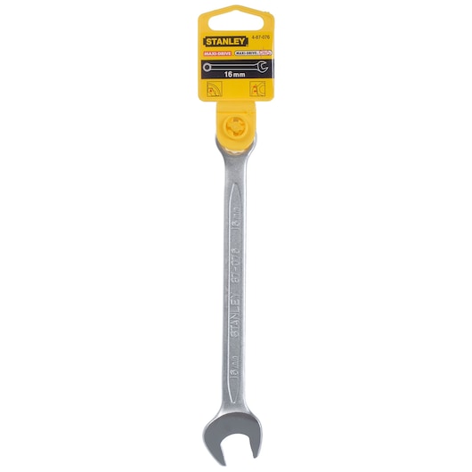 Stanley 4-87-076 double open end wrench, 16 mm, silver, front view on white background.