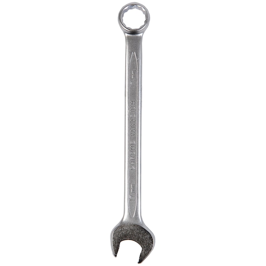 Photo of STANLEY 4-87-077 combination wrench, silver finish, open and ring ends, top view, hand tool.