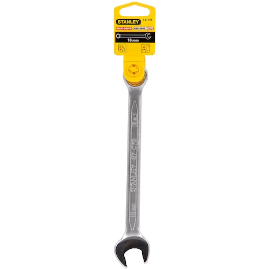 STANLEY 4-87-078 open-end wrench, 18mm, silver, photographed vertically on white background.