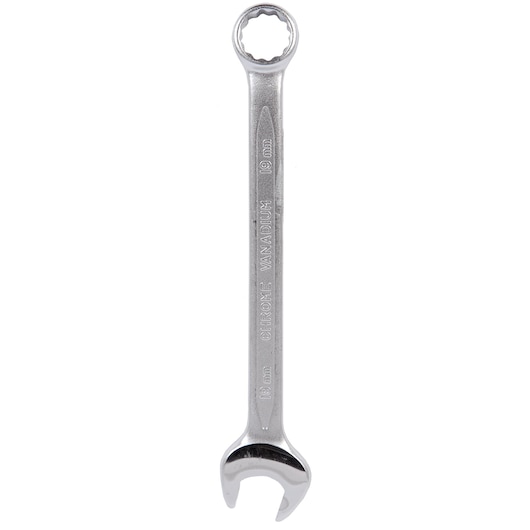 A 19mm chrome vanadium combination wrench with open and closed ends, used for tightening or loosening bolts.