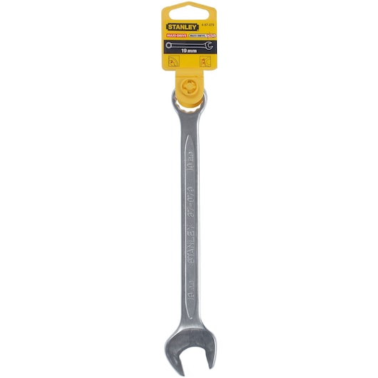 STANLEY 4-87-079 open-end wrench, 19mm, steel, front angle, with yellow branded packaging.