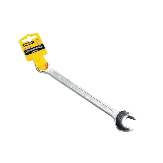 STANLEY 4-87-079 open-end wrench, 19mm size, silver, shown at an angle on white background.