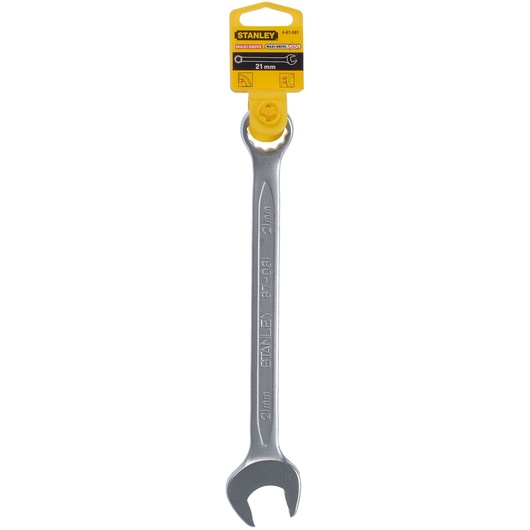 Stanley 4-87-081 combination wrench, 21 mm, silver, photography of front view on white background.
