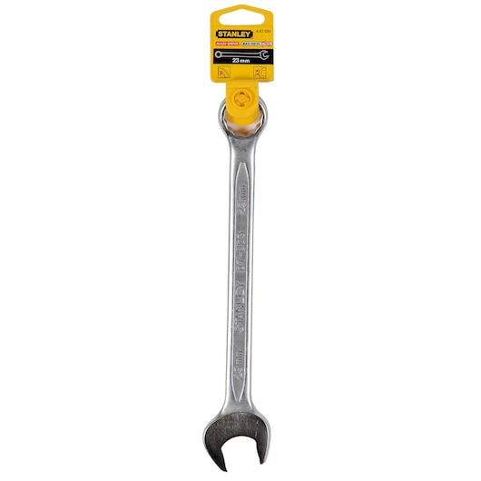 STANLEY 4-87-083 silver combination wrench 23mm, front view on white background.