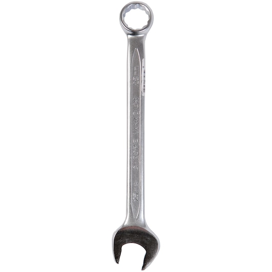 STANLEY 4-87-085 combination wrench, silver metal, flat lay on white background, open and box end visible.