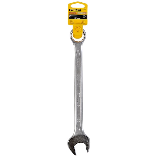 STANLEY 4-87-085 combination wrench 25mm, silver, front angle, with yellow and black packaging.