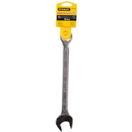 STANLEY 4-87-086 open end wrench, 26 mm size, silver, front angle, with yellow retail packaging.