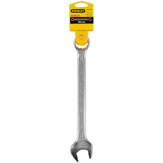STANLEY 4-87-088 open-end wrench 28mm front angle, silver hand tool with yellow packaging.