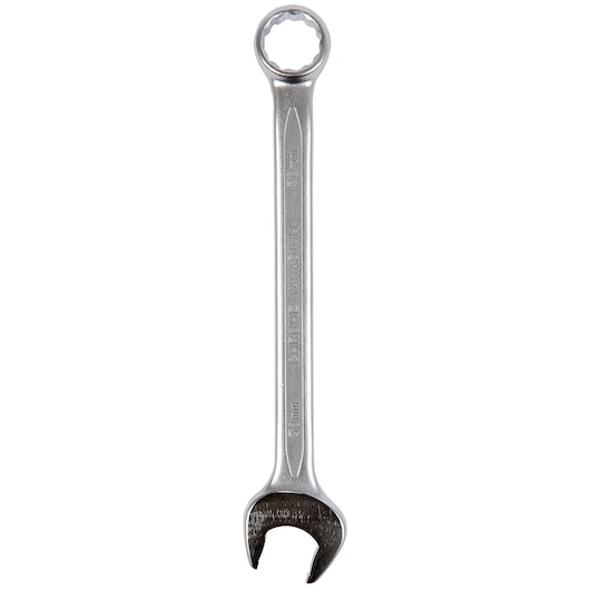 Metal combination wrench with open end and ring end, suitable for tightening or loosening nuts and bolts.