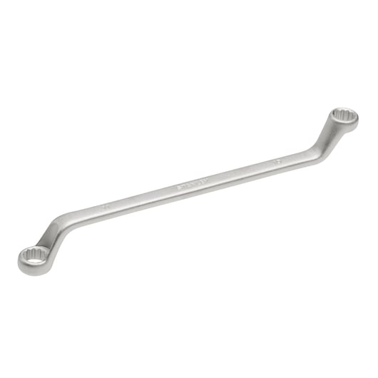 STANLEY 4-87-803 offset ring spanner, silver hand tool, side angle on white background.