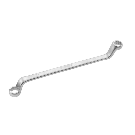 STANLEY 4-87-804 double box-end wrench, 13mm and 12mm, silver metal, side angle photo, hand tool.