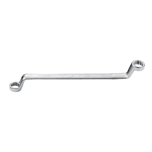 Stanley double box end offset wrench, metal, with two ring spanner heads, isolated on white background.