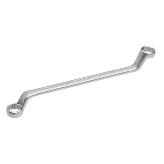 Double-ended offset ring spanner with a silver finish, suitable for tightening or loosening bolts and nuts.