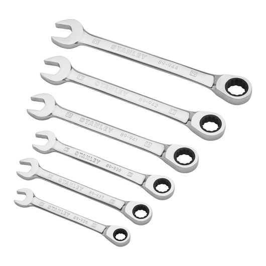 Photo of STANLEY 4-89-907 ratcheting combination wrench set, six silver wrenches, top angle, white background.
