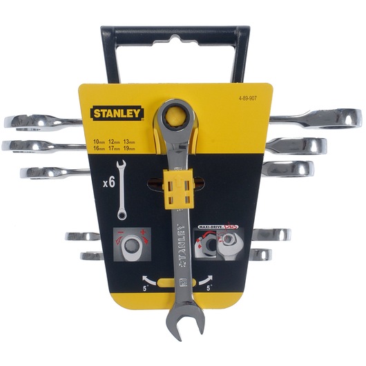 STANLEY 4-89-907 ratcheting spanner set, six-piece, front angle, chrome finish, yellow and black packaging.