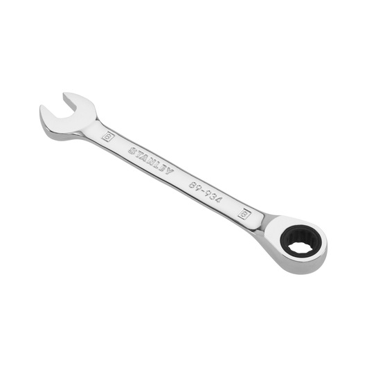 Stanley ratcheting combination wrench with open and closed ends on a white background.