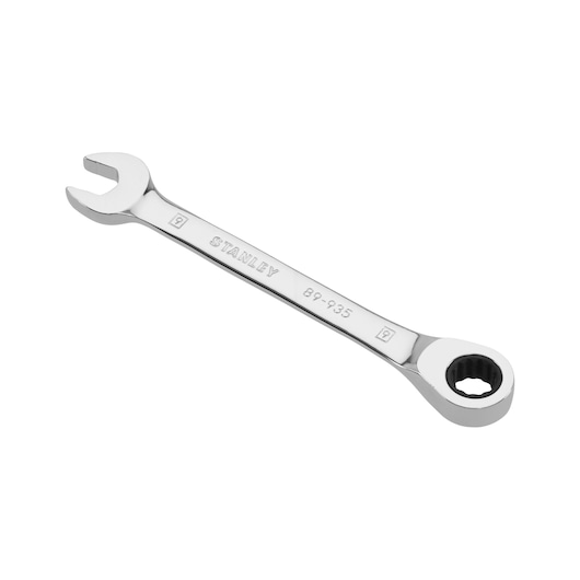 STANLEY 4-89-935 combination ratcheting wrench, chrome finish, top view on white background.