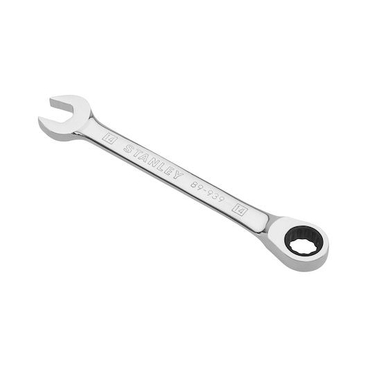 Stanley 14mm combination wrench with open and ratcheting ends, model 89-939, silver finish.