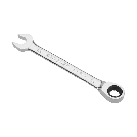 Stanley 15mm combination wrench with open and ratcheting ends, chrome finish, SKU 4-89-940.