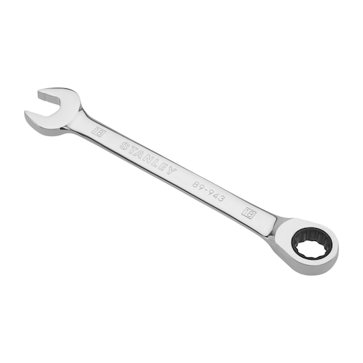 Photo of STANLEY 4-89-943 ratcheting combination wrench, chrome finish, angled view on white background.