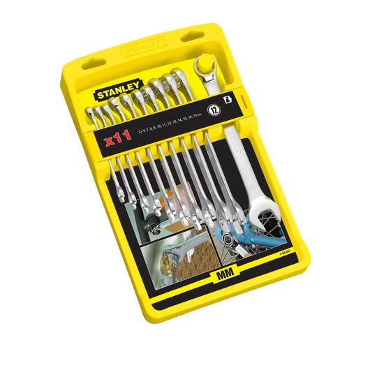 STANLEY 4-94-647 wrench set, 11-piece metric, silver wrenches in yellow case, front angle on white background.