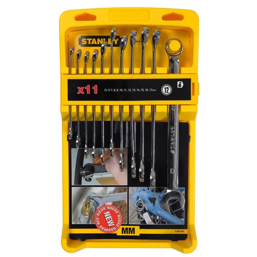 STANLEY 4-94-647 combination spanner set, 11-piece, silver wrenches in yellow plastic case, front view.