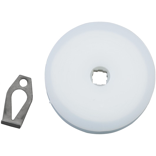STANLEY 47-101 photography of a white chalk reel refill and metal hook on a white background, top view.