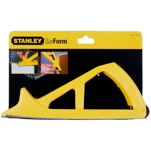 Photo of STANLEY 5-21-103 hand rasp with yellow plastic handle and SurForm blade, side angle on packaging.