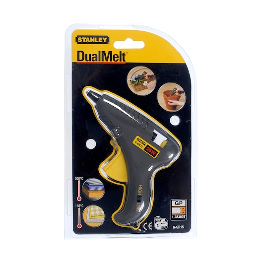 STANLEY 6-GR15 DualMelt glue gun in black, 25W, in retail packaging, photographed from the front.